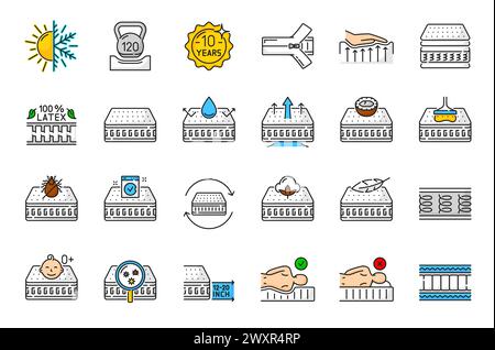 Bed orthopedic memory mattress outline icons. Orthopedic spring sleeping bed, breathable latex pillow with antibacterial layer, natural filler, mattress without memory effect line vector pictograms Stock Vector