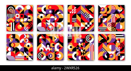 Modern abstract geometric backgrounds. Color patterns of vector circle, square and triangle geometric shapes, lines and arches graphic compositions. Yellow, red, white and black minimalist mosaic set Stock Vector