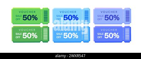3d multicolor coupon promotion illustration set. Coupon set, minimal discount coupon, gift voucher, coupon book. Voucher card isolated on white background. 3d vector illustration. Vector illustration Stock Vector