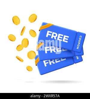 3d stack of coupons with gold coins, isolated background. Voucher card cash back template design with coupon code promotion. Premium special price offers sale coupon. 3d vector gift voucher, exchange. Vector illustration Stock Vector