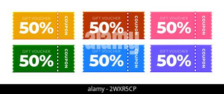 Set of 3d special promotional coupons in different colors. Coupon set, minimal discount coupon, gift voucher, coupon book. Voucher card isolated on white background. 3d vector illustration. Vector illustration Stock Vector