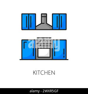 House, apartment kitchen, real estate line color icon. House mortgage outline pictogram, apartment rent, real estate insurance line icon or symbol with kitchen stove, hood and drawers Stock Vector