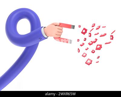 Human hand holding magnet with pin hearts. Concept of concept of attracting an audience. SMM metaphor, revealing the concept of followers.long arms co Stock Photo