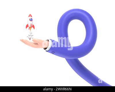 Cartoon hand holding rocket icon that takes off launch on blue background. Launch business product on market. Startup business concept.long arms conce Stock Photo
