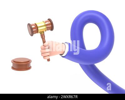 Cartoon Gesture Icon Mockup.Justice. Hand holding judges gavel. 3D illustration flat style design. Symbol of law. Businessman in a suit holds an aucti Stock Photo