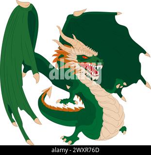 Green wooden dragon with wings. Vector illustration of green winged dragon pointing with its right paw finger. Stock Vector