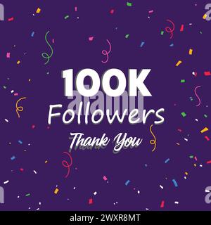 100k followers card banner template for celebrating many followers in online social media networks. Stock Vector