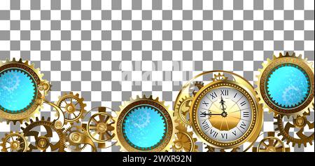 Long border with gold and brass gears and turquoise lenses on transparent background. Steampunk style. Stock Vector