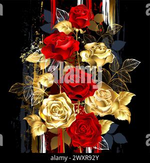 Floral composition of gold, jewelry, shiny roses and red, blooming roses on dark background painted over with large strokes of paint. Gold Rose. Art P Stock Vector