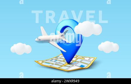 3d travel banner template with map marker or pin icon, airplane, clouds, isolated on background. Tour booking and holiday travel, transportation background. 3d vector illustration. Vector illustration Stock Vector