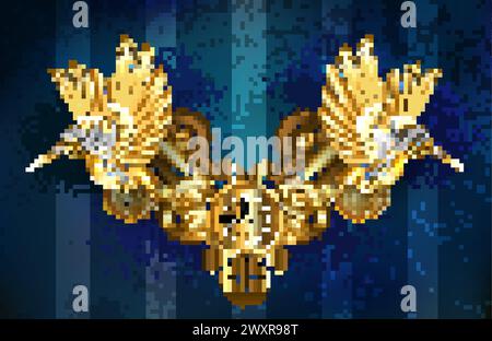 Symmetrical composition of gold, shiny, mechanical hummingbirds, brass gears and antique clocks on blue, textured, striped background. Steampunk style Stock Vector
