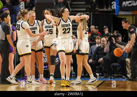 Albany, New York, USA. 1st Apr, 2024. Iowa guard CAITLIN CLARK (22) lets out some emotion during the 2024 NCAA Women's Basketball Tournament Albany 2 Regional Final at MVP Arena in Albany, N.Y. (Credit Image: © Scott Rausenberger/ZUMA Press Wire) EDITORIAL USAGE ONLY! Not for Commercial USAGE! Stock Photo