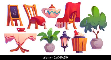 Restaurant outside furniture and elements. Cartoon exterior cafeteria terrace objects. Street or park cafe table and chairs with plaid, chalkboard and plants in pot, lantern and teapot, trash can. Stock Vector