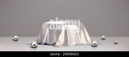 Round product podium covered with silver fabric drapery in gray studio room interior with decorative ball. Realistic 3d vector illustration of pedestal hidden under glossy curtain drapery. Stock Vector