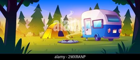 Tent and van car travel in forest camp trip vector background. Cute picnic outdoor adventure scene with bonfire, motorhome on grass and orange sunlight. Morning journey with trailer in woodland Stock Vector