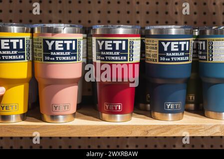 A row of Yeti tumblers in a store on March 3, 2024, in Bangkok, Thailand. Stock Photo