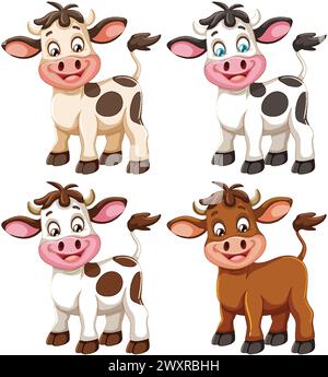 Four cute animated cows with different expressions. Stock Vector