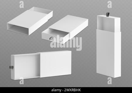 White empty open slide box with ribbon puller. Realistic vector illustration set of drawer shape cardboard package template for gift or presentation concept. Blank carton container with sleeve cover. Stock Vector