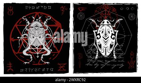 Design vector set with decorated bugs against mystic and gothic background with esoteric symbols, no foreign language, only fantasy signs. Stock Vector