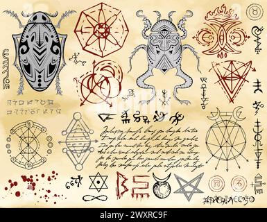 Design vector set with decorated bugs, pentagram, mystic, magic and gothic symbols against textured background, wicca concept, no foreign language, on Stock Vector