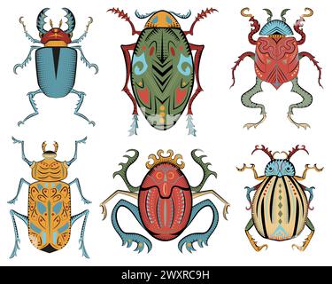 Colorful design vector set with mystic decorated bugs isolated on white, hand drawn line art Stock Vector