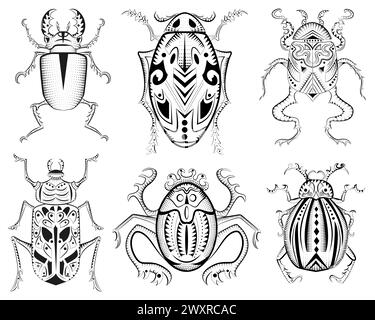 Design vector set with mystic decorated bugs isolated on white, hand drawn line art Stock Vector