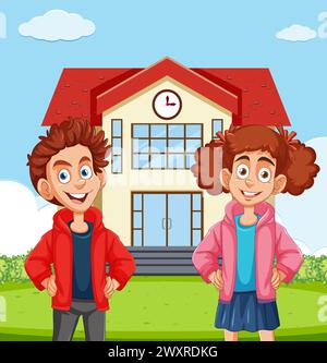 Two smiling kids standing in front of school. Stock Vector