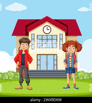 Two cartoon children standing in front of school Stock Vector