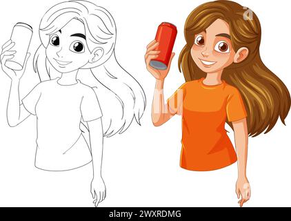 Color and line art of a girl holding a soda can Stock Vector