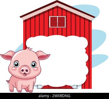 Adorable piglet in front of a farm sign Stock Vector