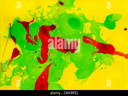 Abstract background of bright contrasting colors. Red and green chaotic spots spilled on a yellow background. Different shades. Drops, splashes of pai Stock Photo