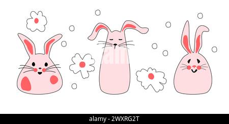 Set of cute pink bunnies with flowers. Easter bunnies for printing on kids products, stickers and banners on a white background. Cartoon isolated Vector illustration. Stock Vector