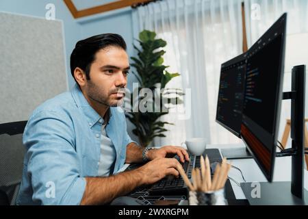 Smart IT developer working software development coding with creating application program update version online website on data's company system two Stock Photo