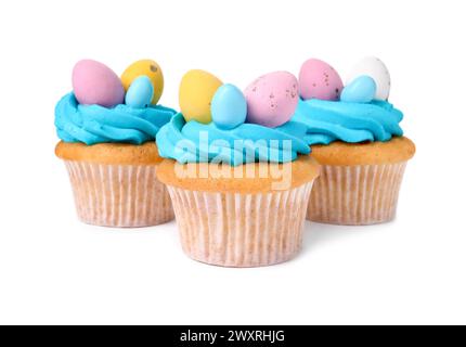 Tasty decorated Easter cupcakes isolated on white Stock Photo
