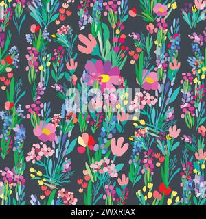 a seamless pattern of colorful flowers and leaves on a dark background Stock Vector