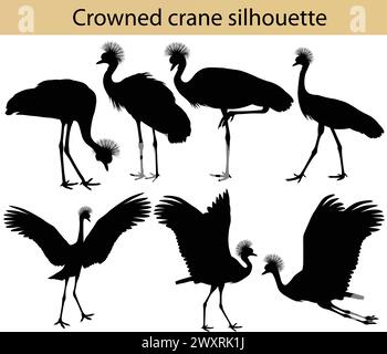 Collection of silhouettes of crowned cranes Stock Vector