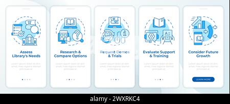 Book store management software blue onboarding mobile app screen Stock Vector