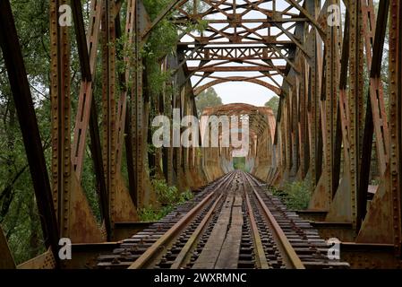 The disused Alfio steel girder railway bridge Pyrgos, Peloponnese, Greece, May 2023 Stock Photo