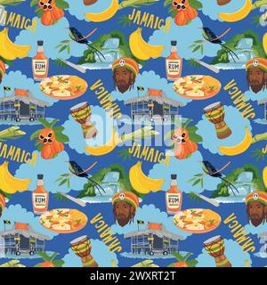 Seamless pattern in Rasta colors. Jamaican vector pattern. Rum, ackee fruit, hummingbird, waterfall, beach bar, rastafarian, giant drum in flat style Stock Vector