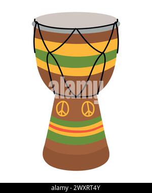 Tomtom drum made of brown wood with a peace sign. Djembe drum African musical instrument. Isolated on a white background. Vector illustration. Nationa Stock Vector