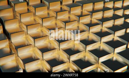 Detailed view of an intricate pattern formed by cubes arranged in a geometric grid, creating a visually striking composition. 3d render Stock Photo