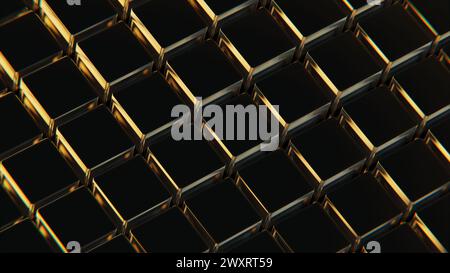 Detailed shot showing the texture and interlocking design of a metallic gold cubes mesh. 3d render Stock Photo
