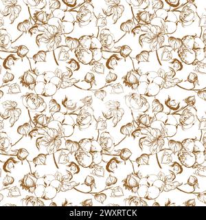 Vector, seamless, black and white pattern of cotton flowers. Botanical illustration using engraving technique. Cotton branches with leaves are drawn w Stock Vector