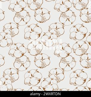 Seamless black and white pattern of cotton flowers. Botanical illustration using engraving technique. Vector ink sketch. Illustration suitable for fab Stock Vector