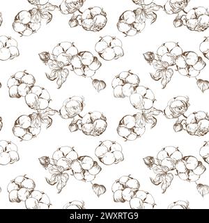 Vector, seamless, black and white pattern of cotton flowers. Botanical illustration using engraving technique. Cotton branches with leaves are drawn w Stock Vector