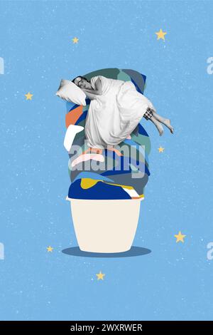 Trend artwork composite sketch image photo collage of black white silhouette lady sleep on huge pile dirty clothes housewife tired Stock Photo