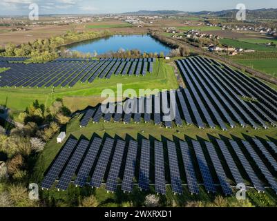 Drone Aerial View power station producing clean, sustainable solar energy  in Italy Stock Photo