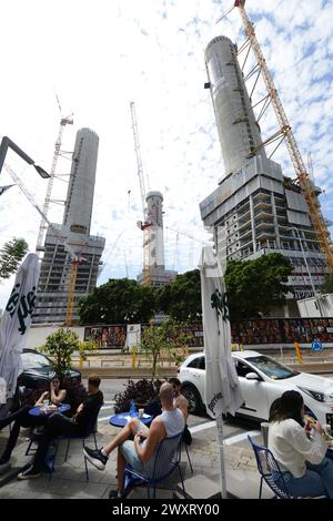 A modern urban complex with three towers under construction in Kikar Hamedina in Tel-Aviv, Israel. Stock Photo