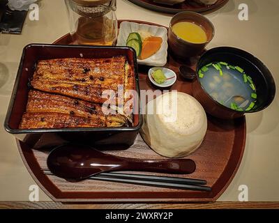 Unagi-don, a Japanese-style eel bowl served with Japanese side dishes, soup, and steamed egg Stock Photo