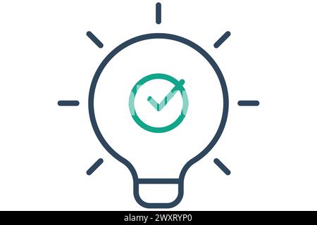 solution icon. light bulb with check mark in circle. icon related to action plan, business. line icon style. business element illustration Stock Vector